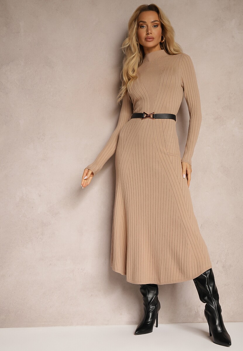 Ciemnobeżowa Dzianinowa Sukienka z Eleganckim Paskiem i Dodatkiem Wełny Nirillia