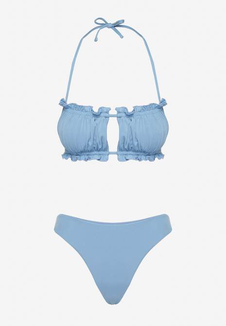 Jasnoniebieskie Bikini Majtki Figi Biustonosz z Wiązaniem Ozdobiony Marszczeniem Folinira