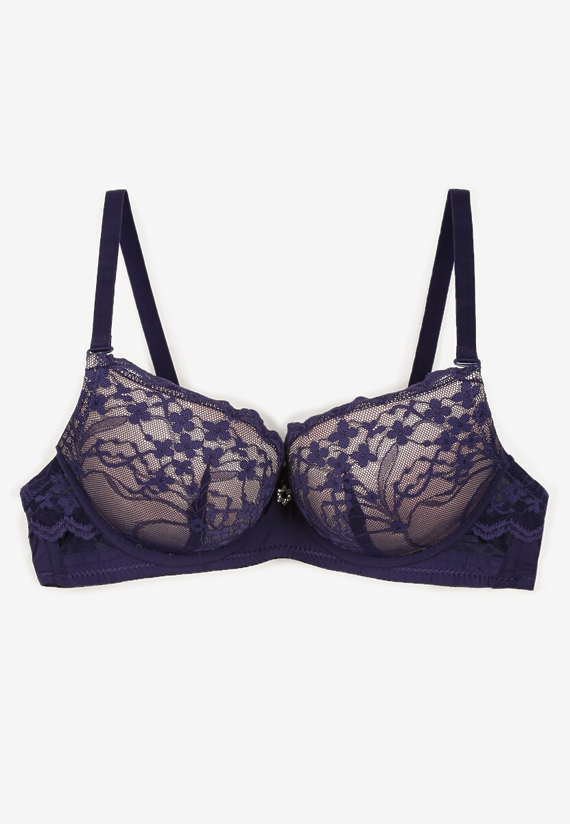 Granatowo-Różowy Koronkowy Biustonosz o Kroju Push-Up Neladrith