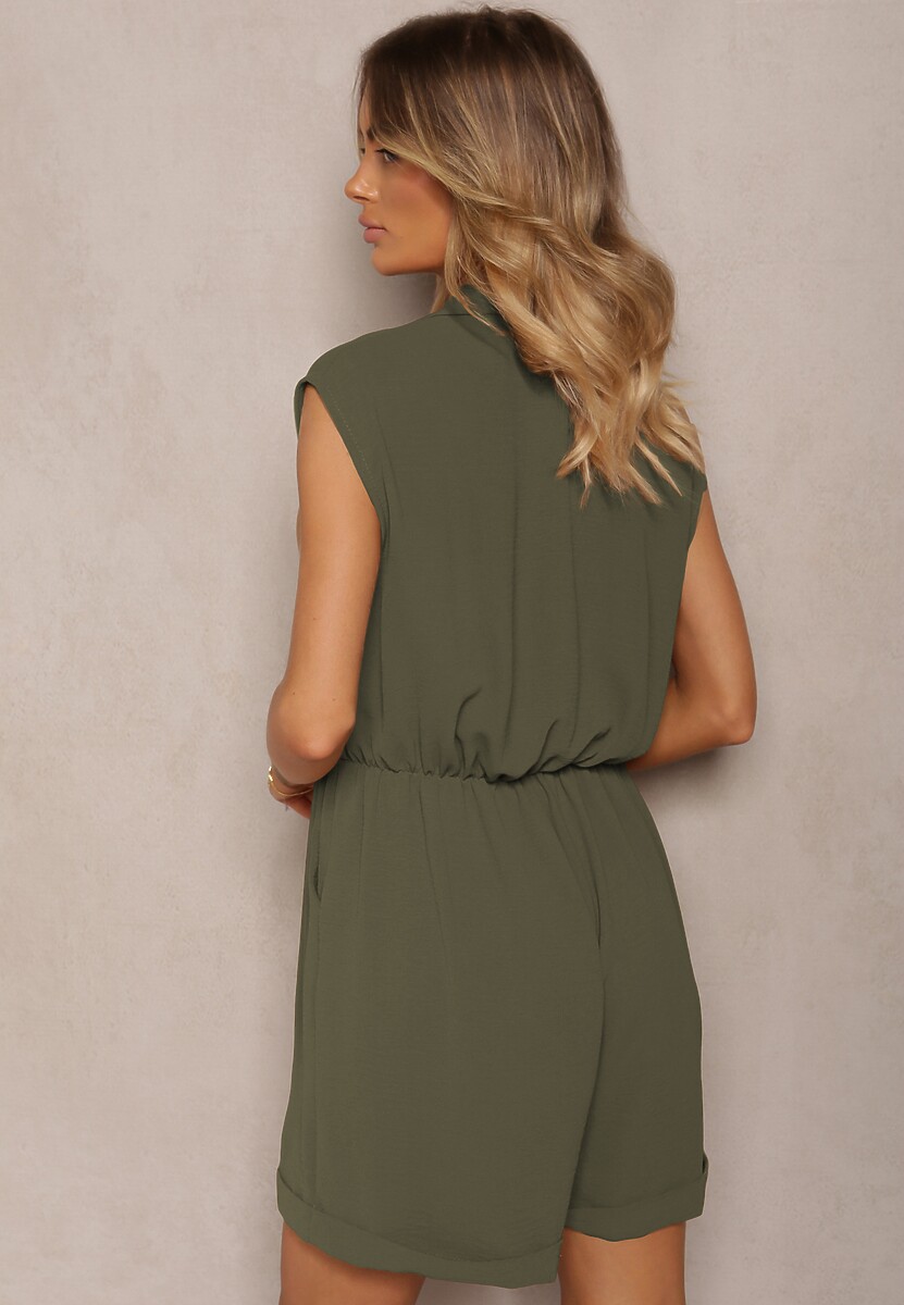 Ciemnozielony Taliowany Kombinezon z Gumką w Pasie i Kopertowym Dekoltem Nansilyne