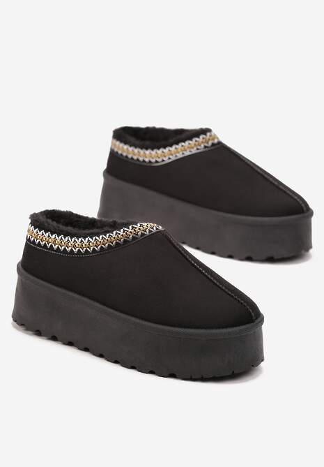 Czarne Śniegowce z Ekozamszu na Grubej Podeszwie z Ozdobną Lamówką Meliria