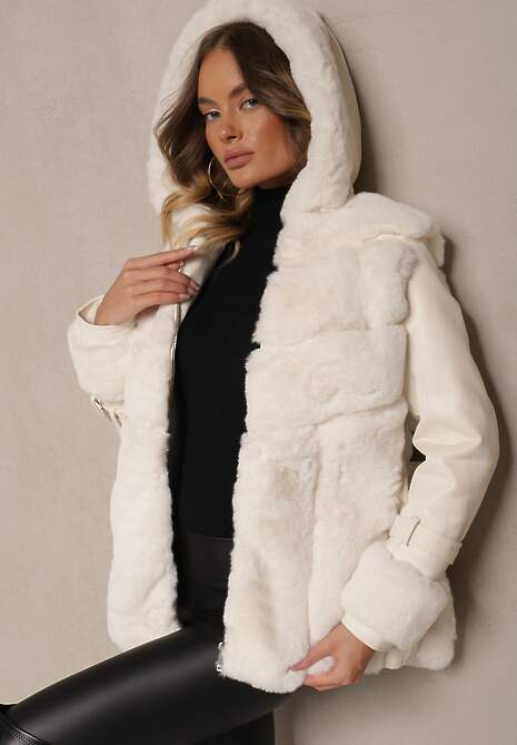 Beżowa Kurtka Futerko z Ekoskórzanymi Rękawami z Klamrami Kapturem i Wiązanym Paskiem Mesizelle