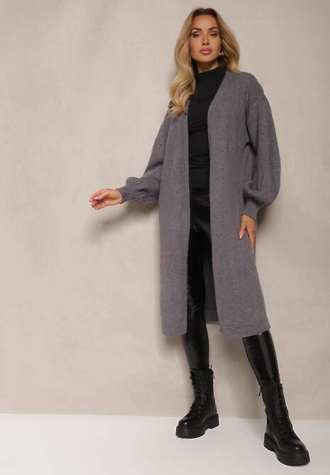 Szary Kardigan Niezapinany Ozdobiony Metaliczną Nicią Aerira