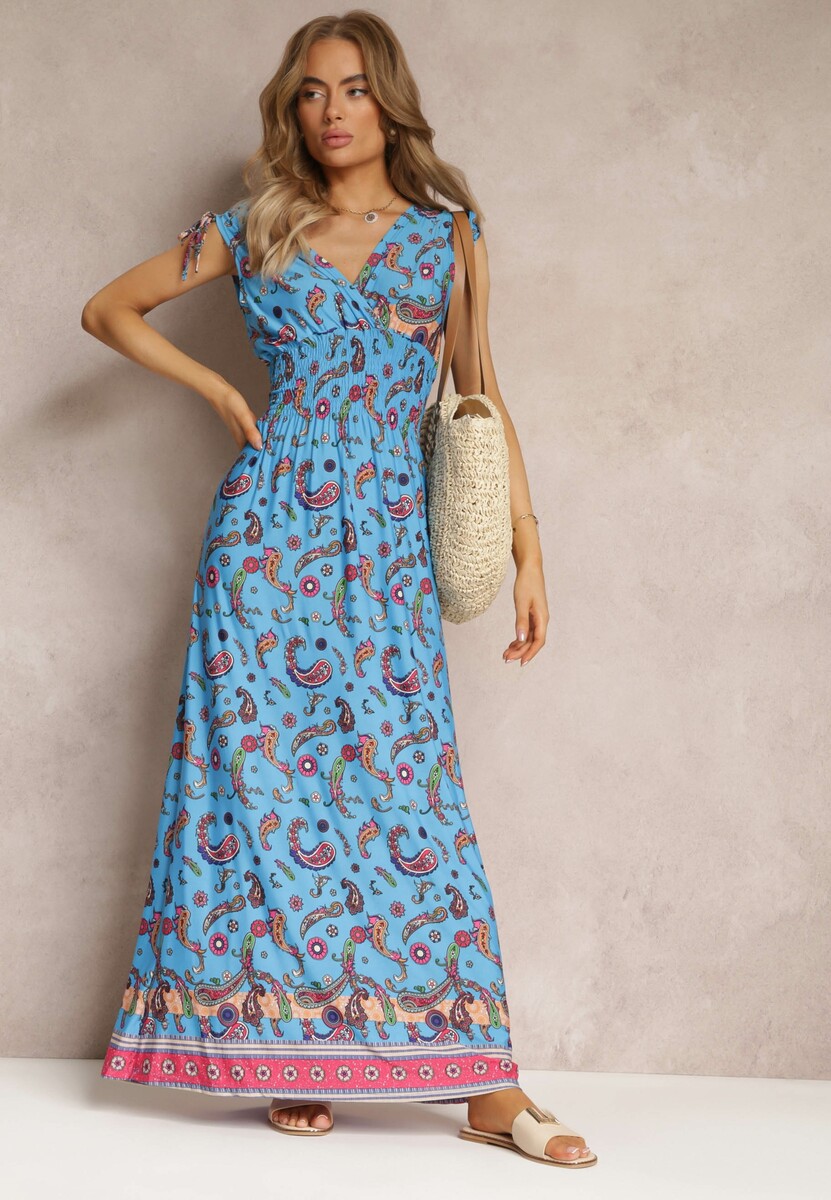Ciemnoniebieska Sukienka Maxi we Wzór Pailsey z Rozkloszowanym Dołem i Gumką w Talii Kinslei
