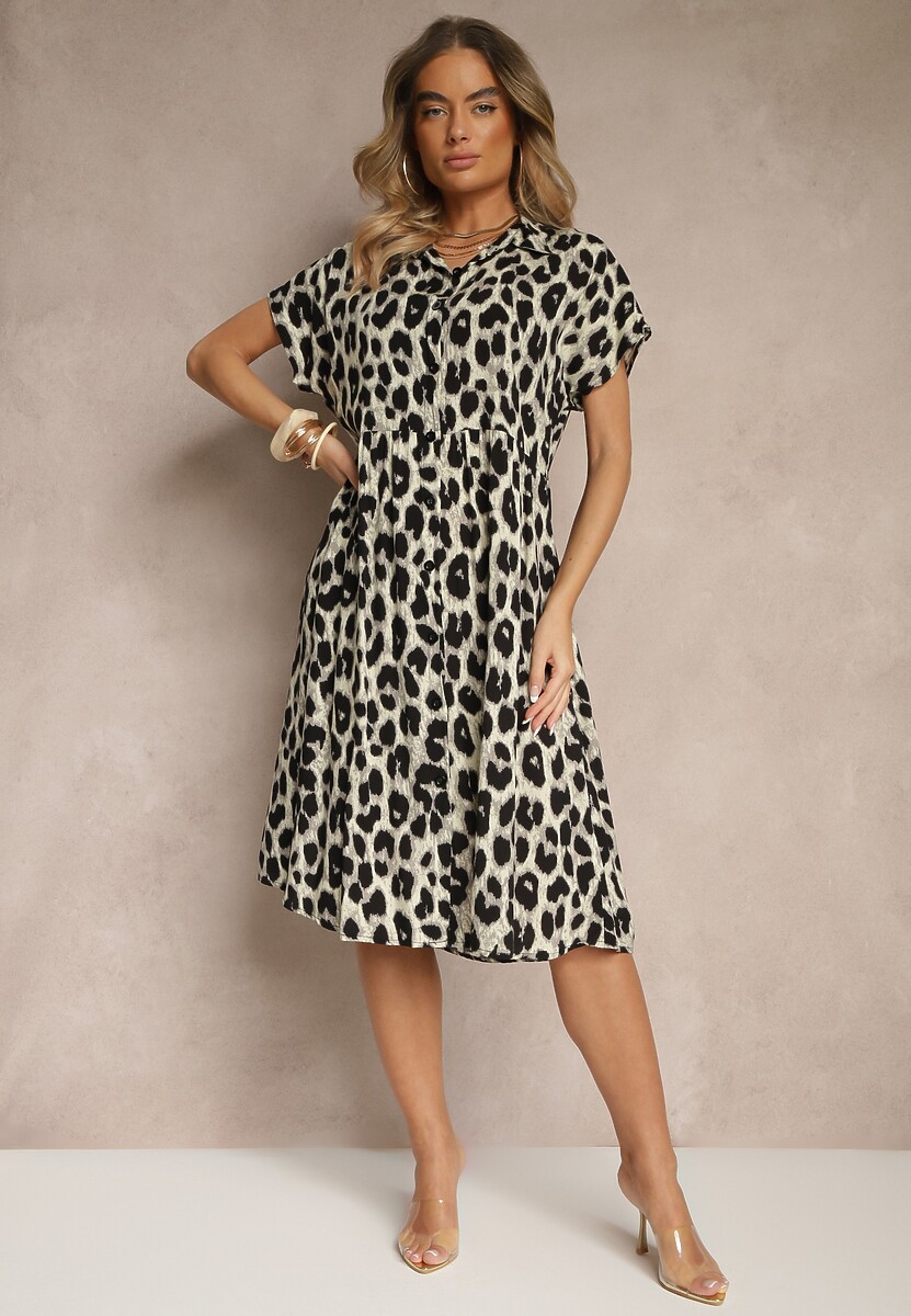 Beżowo-Czarna Koszulowa Sukienka z Bawełny w Panterkowy Print Iffiera
