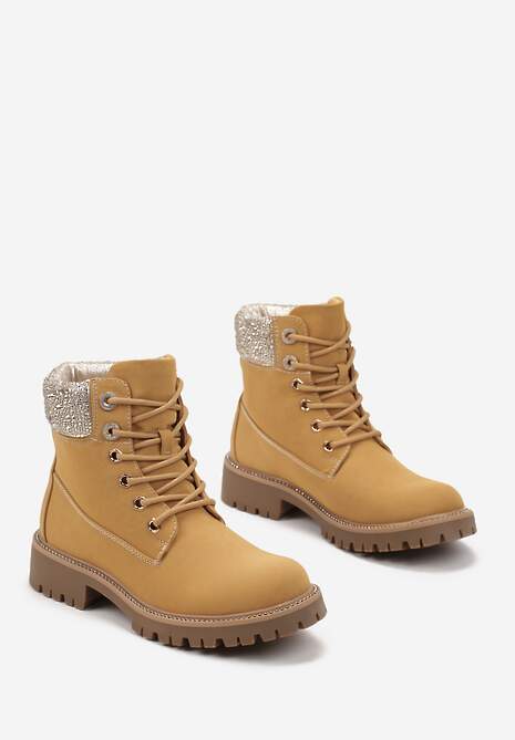 Brązowe Botki Traperki na Płaskiej Podeszwie z Przeszyciami i Cyrkoniami Flurella