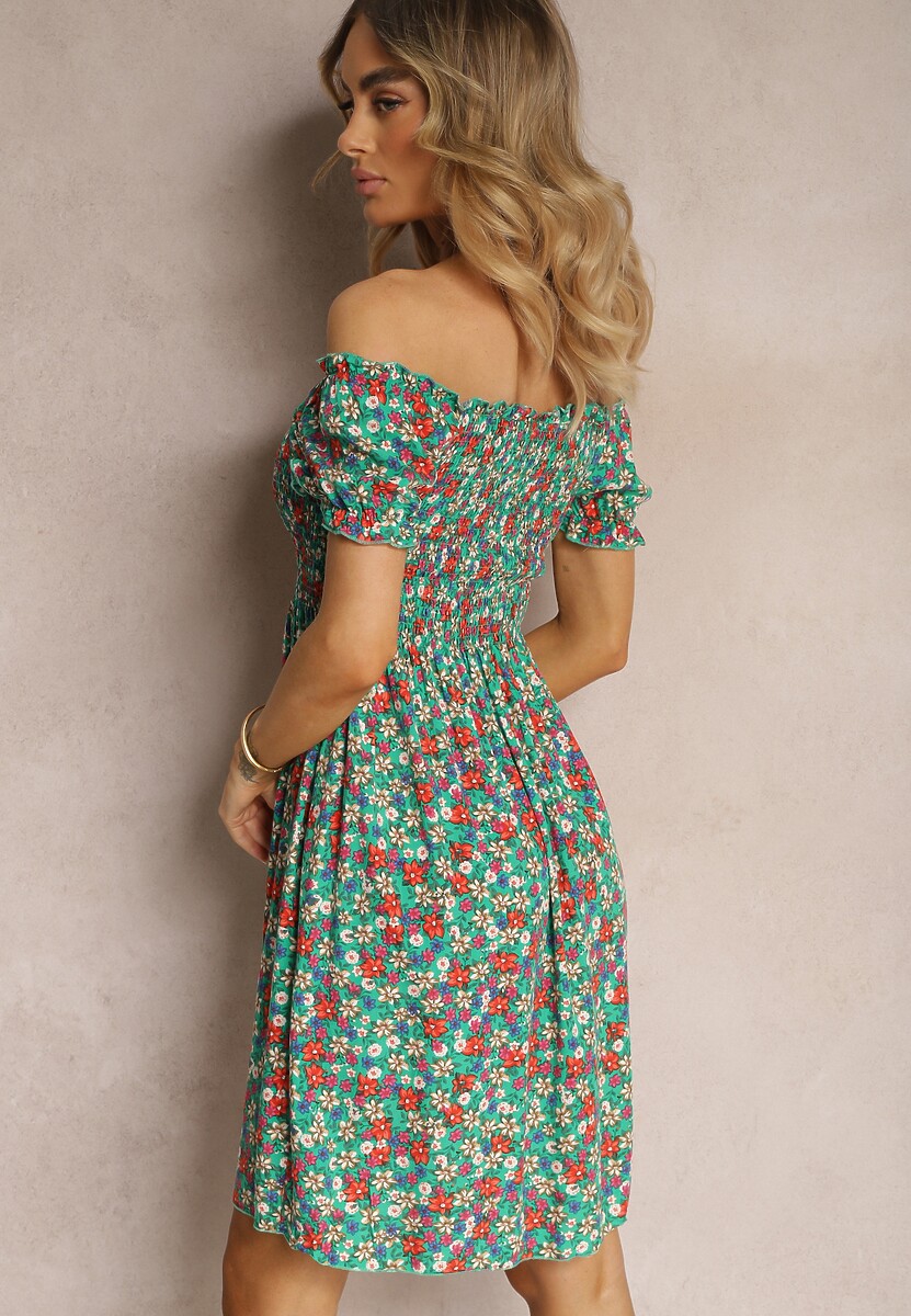 Zielona Hiszpanka Sukienka z Wiskozy w Kwiatowy Wzór z Gumką w Pasie Silemia