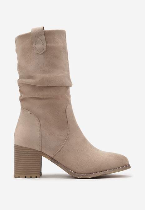 Beżowe Botki na Słupku z Ozdobnymi Marszczeniami na Cholewce Laonetta