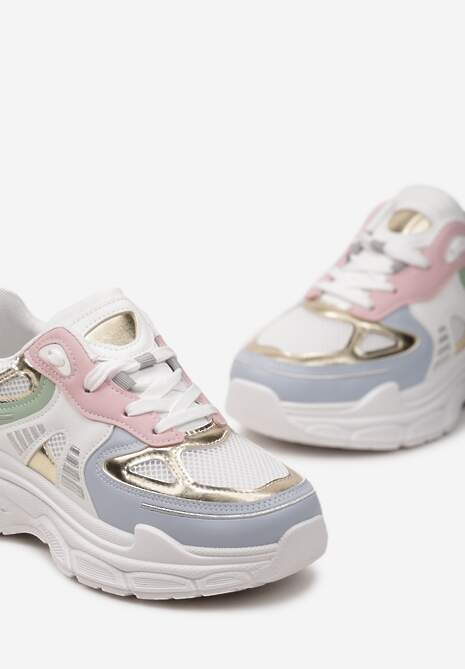 Biało-Niebieskie Sneakersy z Siateczkowymi i Metalicznymi Wstawkami Telarisa