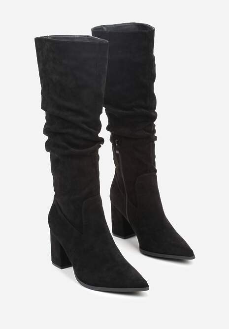 Czarne Kozaki na Słupku z Marszczoną Cholewką z Imitacji Zamszu Razialla