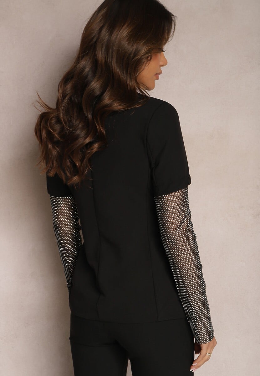Czarna Marynarka z Rękawami z Siatki Ozdobionej Cyrkoniami Modrika