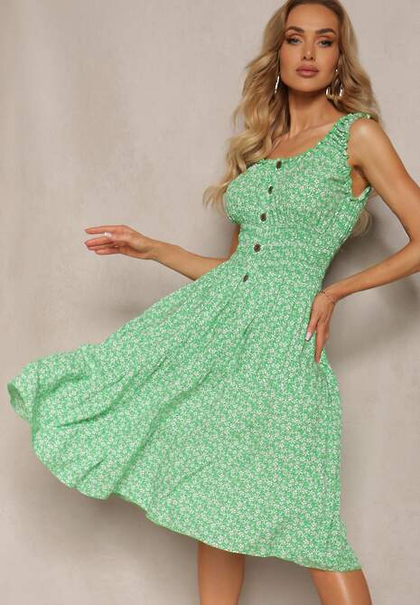 Zielona Bawełniana Sukienka o Rozkloszowanym Kroju na Ramiączkach z Gumką w Talii Bellazen