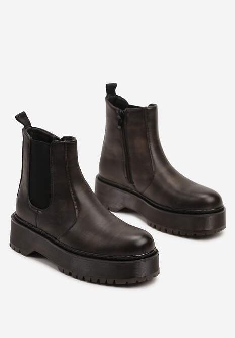 Brązowe Botki na Platformie w Stylu Sztybletów z Elastyczną Wstawką Atinovia