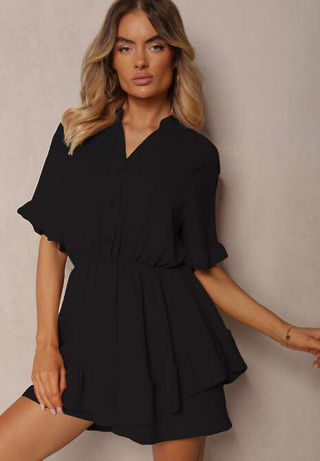 Czarny Kombinezon o Taliowanym Kroju z Falbanką przy Rękawach i Gumką w Pasie Nansili