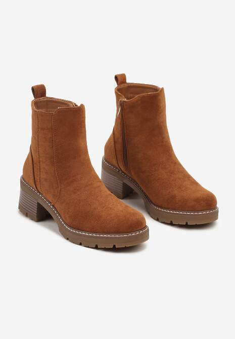 Brązowe Casualowe Botki na Słupku Zapinane na Suwak Mlivia