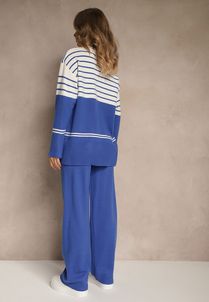 Niebieski Komplet z Dzianiny z Wełną Pasiasty Sweter i Spodnie Ralleia