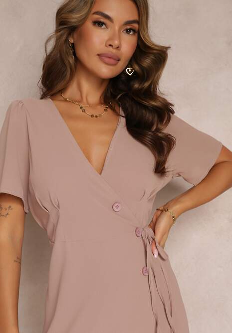 Ciemnobeżowa Sukienka Midi z Kopertowym Dekoltem i Wiązaniem w Pasie Elisanu