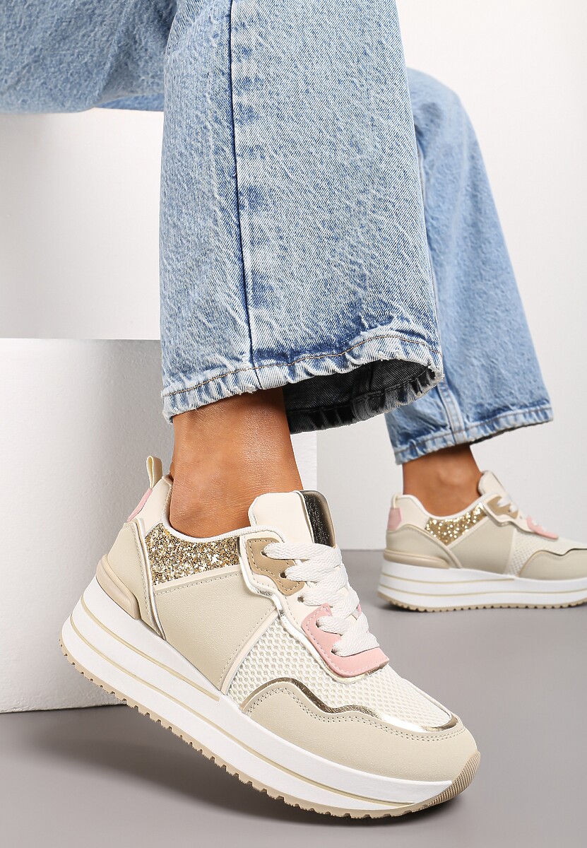 Beżowe Sneakersy na Niskiej Platformie ze Wstawkami z Brokatu Quinnes