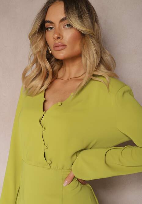 Jasnozielona Sukienka o Dopasowanym Kroju Zapinana na Guziki z Gumką w Talii Dimmara