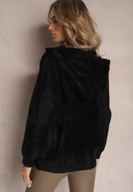 Czarny Zasuwany Kardigan Wełniany z Kapturem Aniole
