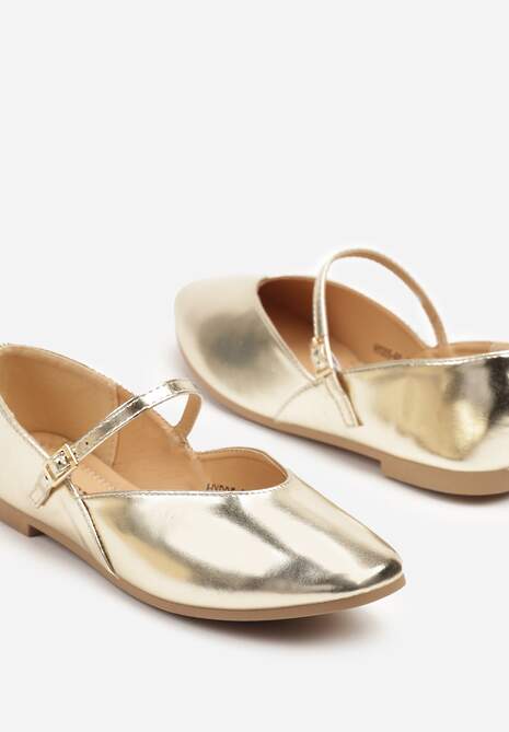 Złote Balerinki Vices z Paseczkiem ze Sprzączką i Ozdobnym Przeszyciem Desorila