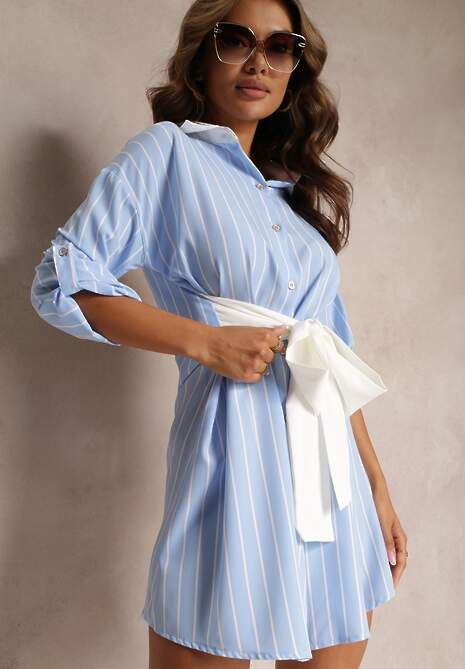 Jasnoniebieska Koszulowa Mini Sukienka z Wiskozy Wiązana w Pasie Fiammetta