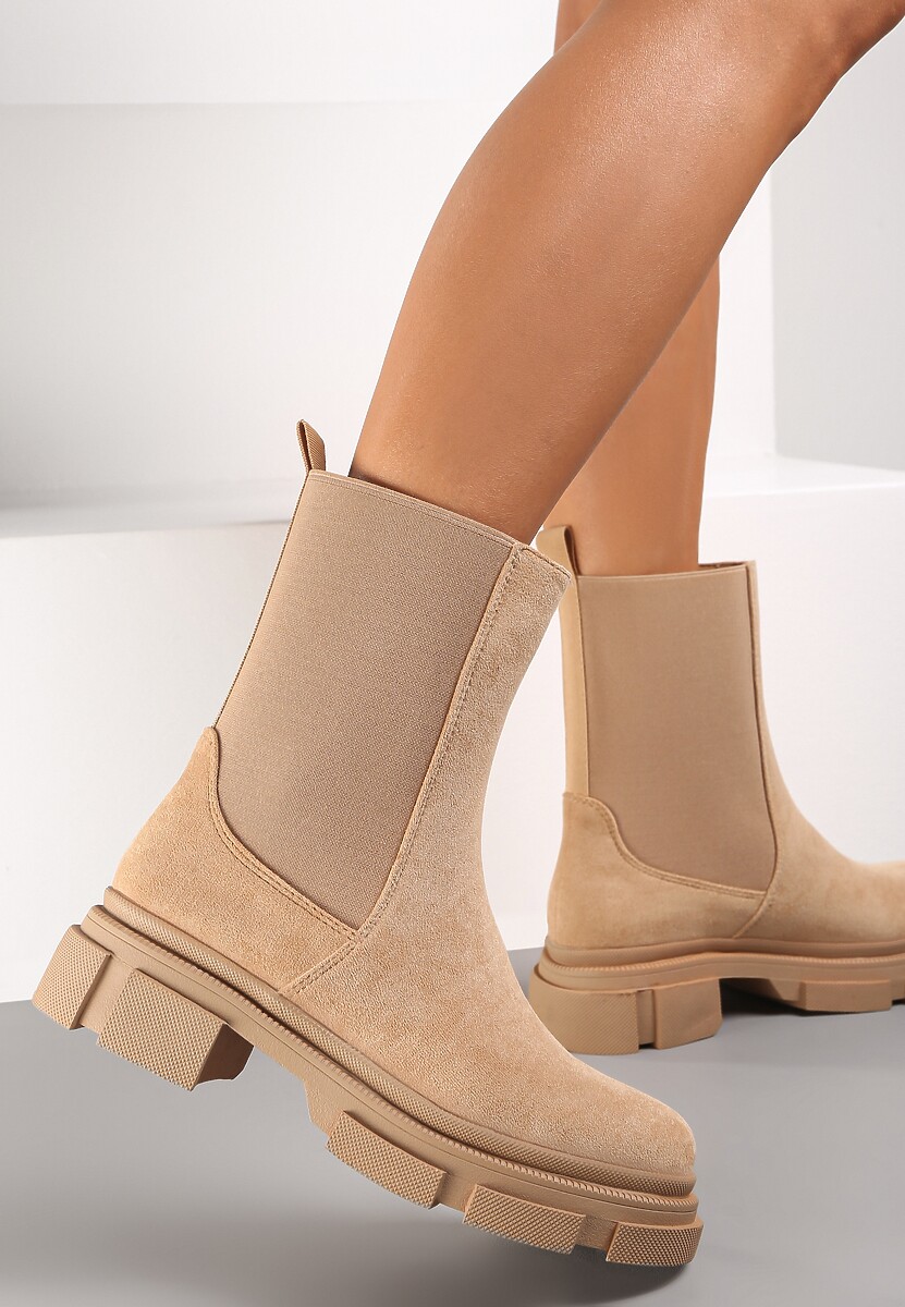 Ciemnobeżowe Botki na Grubej Podeszwie z Elastyczną Cholewką Batteux