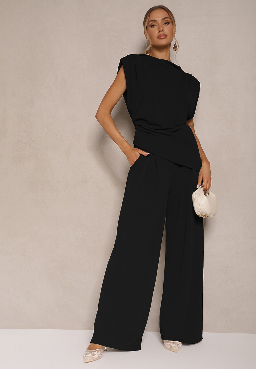 Czarny Komplet Bluzka z Poduszkami w Ramionach i Proste Spodnie z Gumką w Pasie Divanes