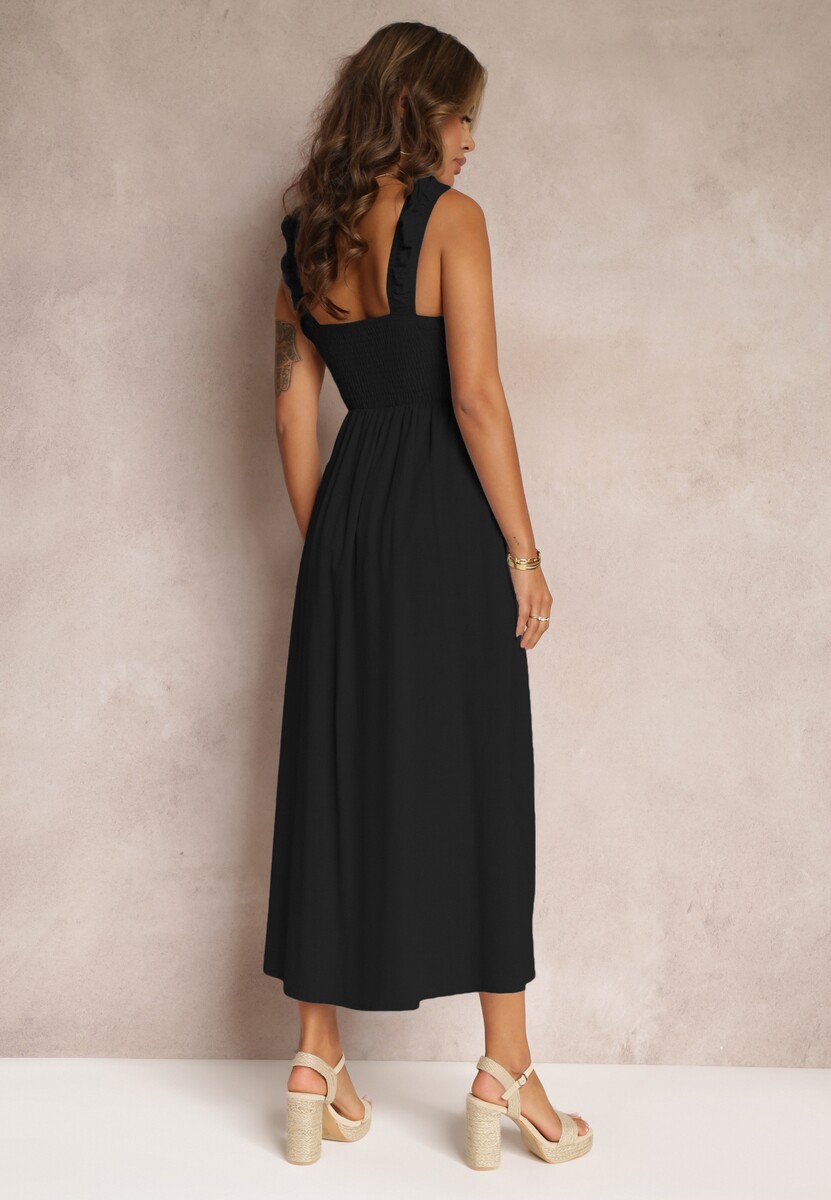 Czarna Rozkloszowana Sukienka Bawełniana z Kwadratowym Dekoltem Trenna