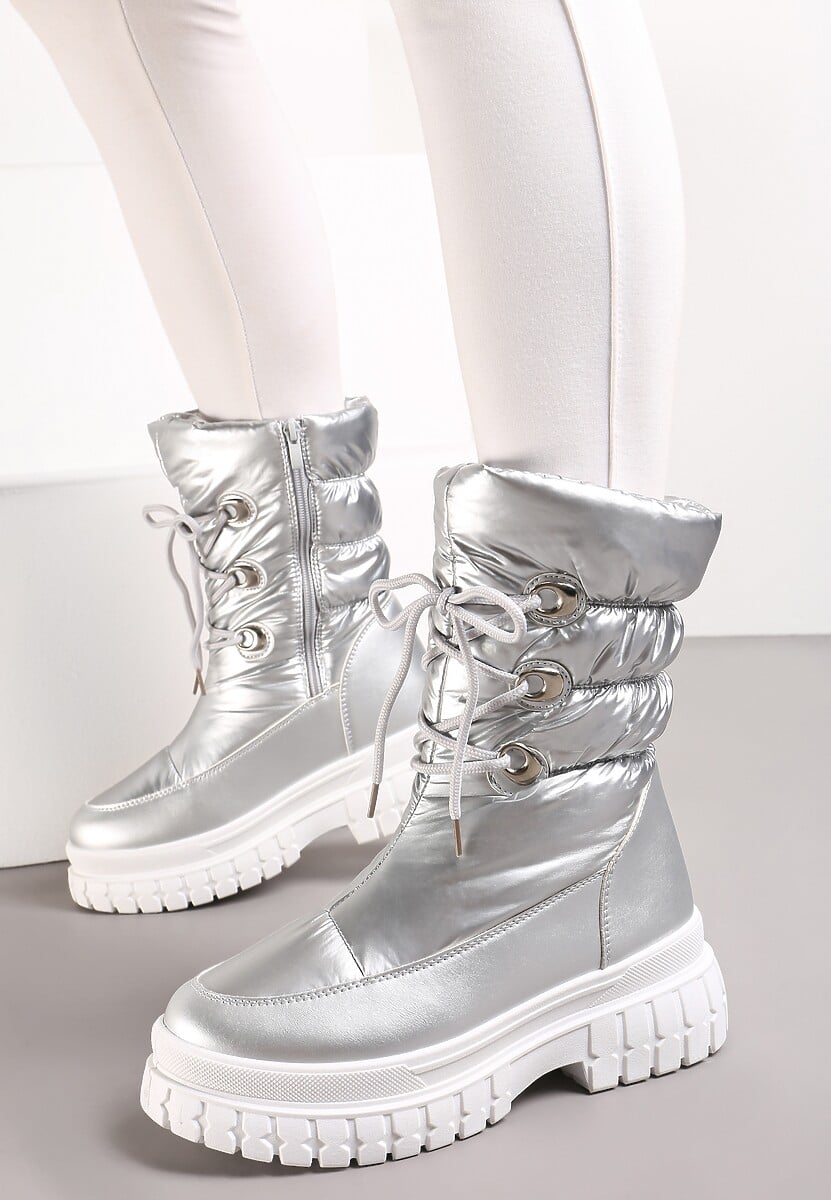 Srebrne Sznurowane Śniegowce z Ozdobnym Pikowaniem i Połyskiem Birala