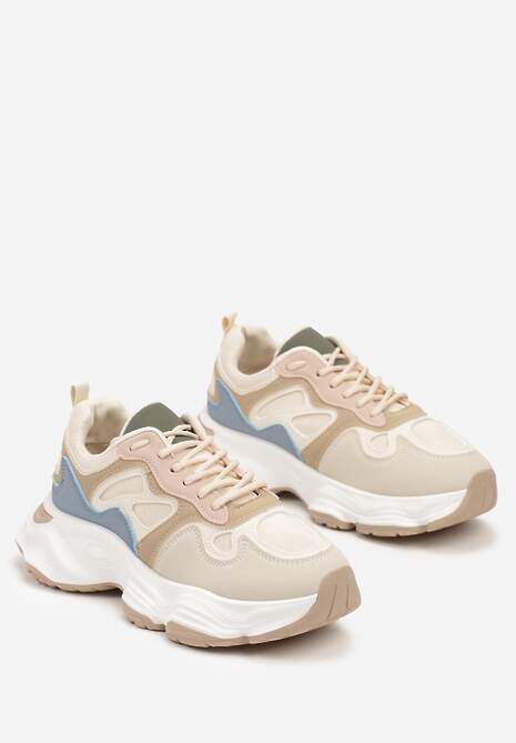Beżowo-Niebieskie Casualowe Sneakersy na Platformie z Geometrycznym Motywem Mevalise