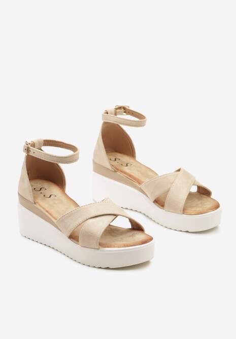 Beżowe Sandały Zapinane wokół Kostki na Platformie i Koturnie Effitza