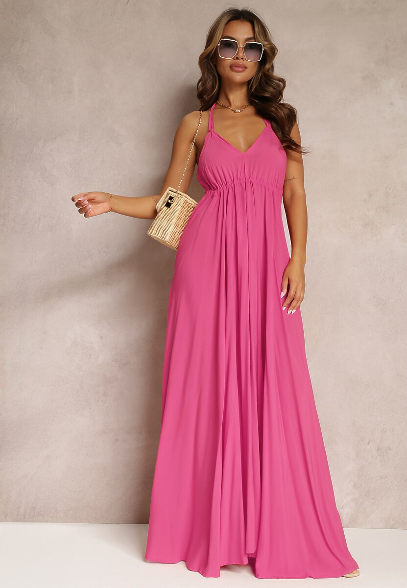 Fuksjowa Rozkloszowana Sukienka Bawełniana z Wiązaniem na Szyi Panethea