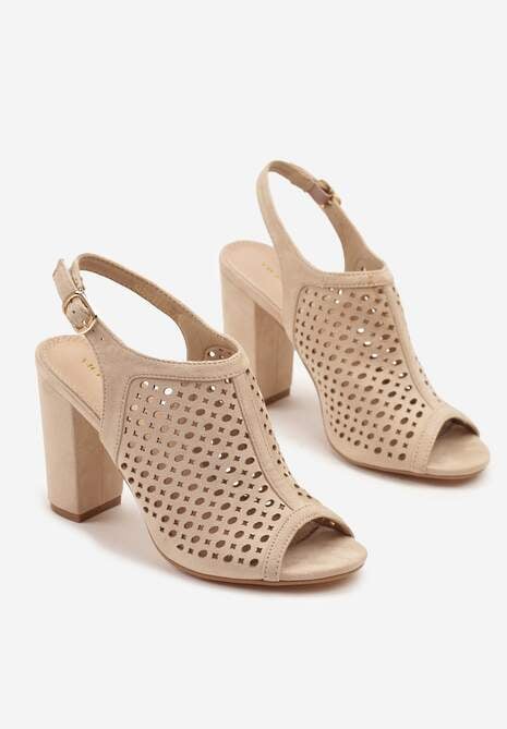 Beżowe Sandały na Słupku z Ażurową Cholewką i  Skórzaną Wkładką Linalira