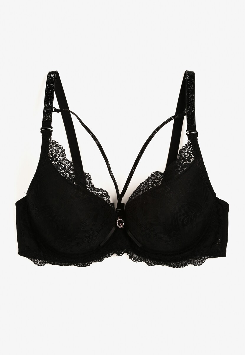 Czarny Biustonosz Full Cup z Koronką Cyrkoniami i Ozdobnym Paskiem na Regulowanych Ramiączkach Vladia