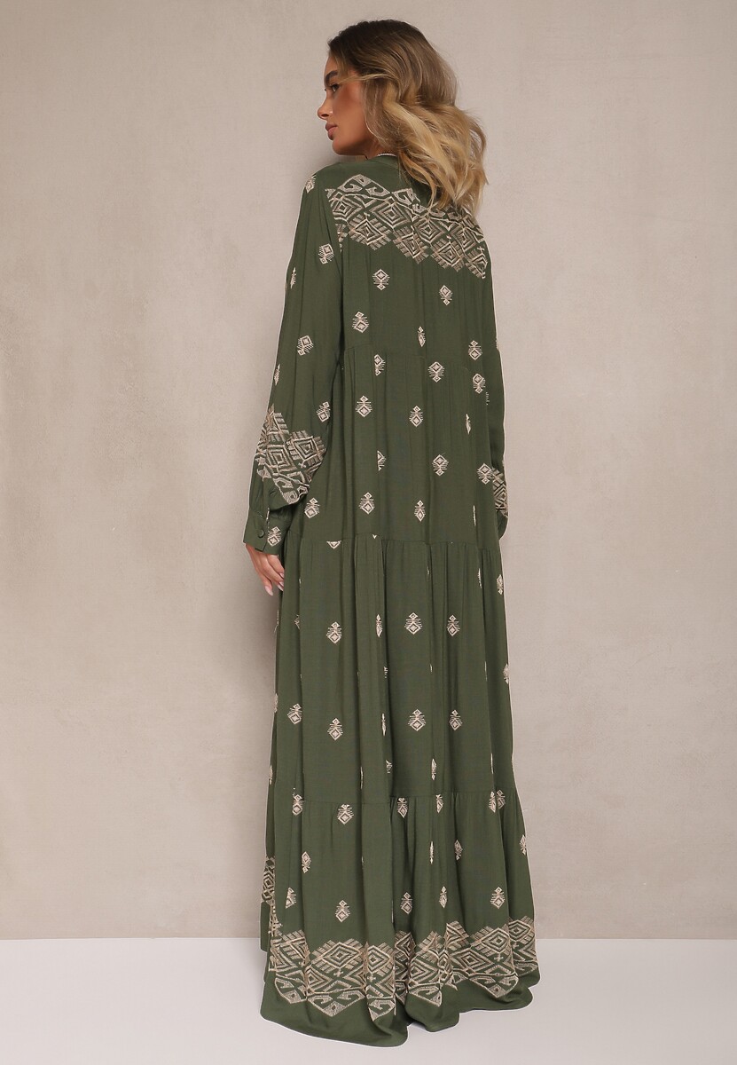 Ciemnozielona Rozkloszowana Sukienka Ozdobiona Haftem i Wzorem Boho Ronavere