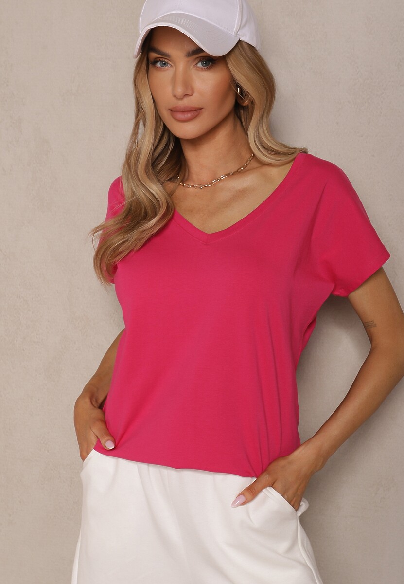 Fuksjowy T-shirt z Bawełny z Dekoltem w Serek Linithiela