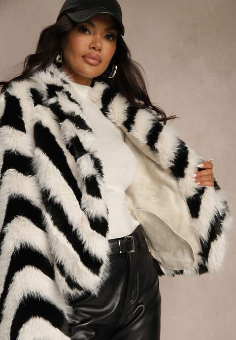 Czarno-Biała Kurtka Futerko Zdobiona Wzorem w Paski Alindde