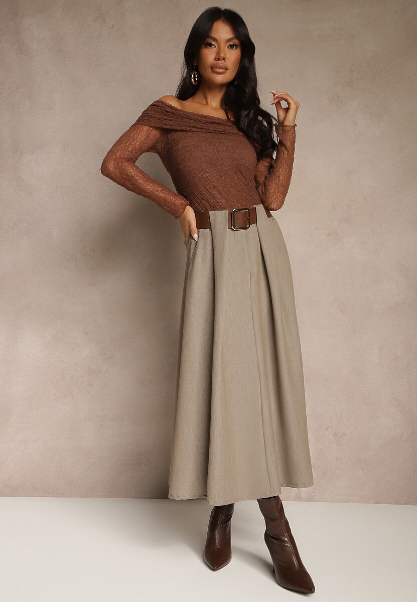 Brązowa Spódnica z Wiskozą o Rozkloszowanym Kroju z Paskiem z Klamrą Tiavela