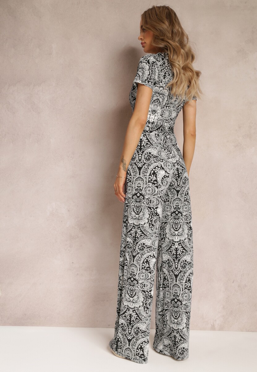 Czarno-Szary Kopertowy Kombinezon z Długimi Nogawkami i Materiałowym Paskiem w Kwiaty Lucianne