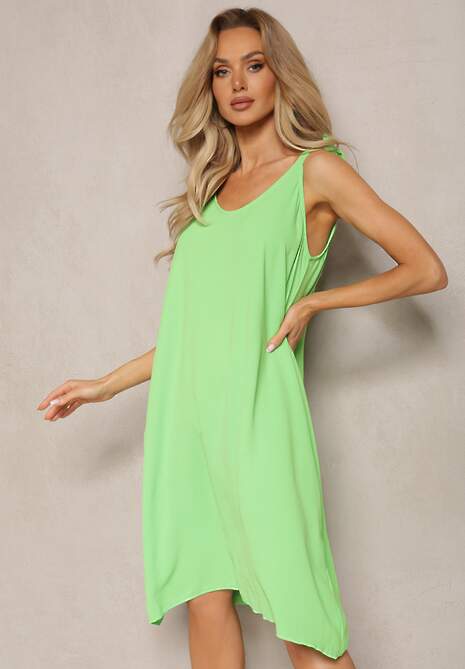 Jasnozielona Trapezowa Sukienka Midi na Wiązanych Ramiączkach Vincca