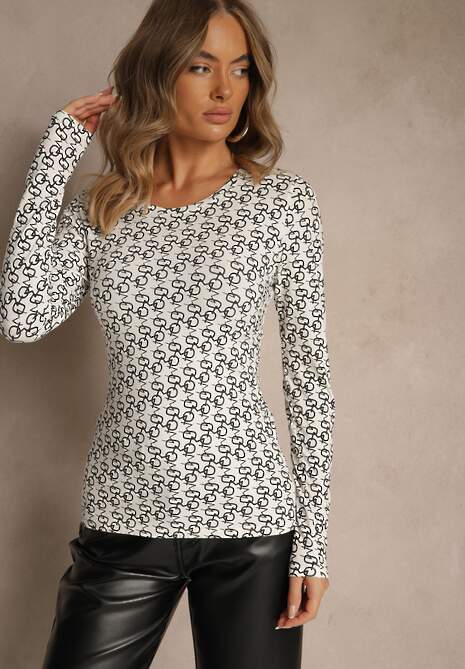 Czarno-Biała Bluzka Longsleeve z Bawełny Ozdobiony Literowym Wzorem Javelina