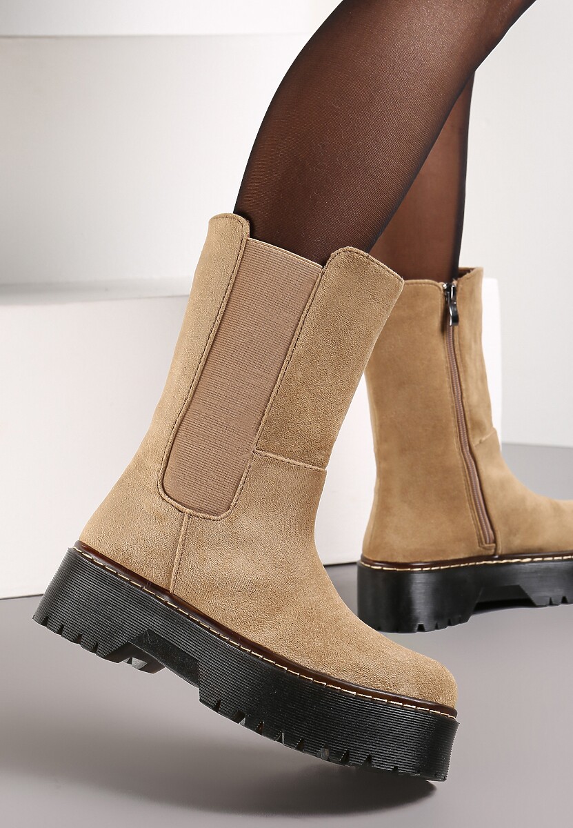 Ciemnobeżowe Botki na Platformie Alnuce