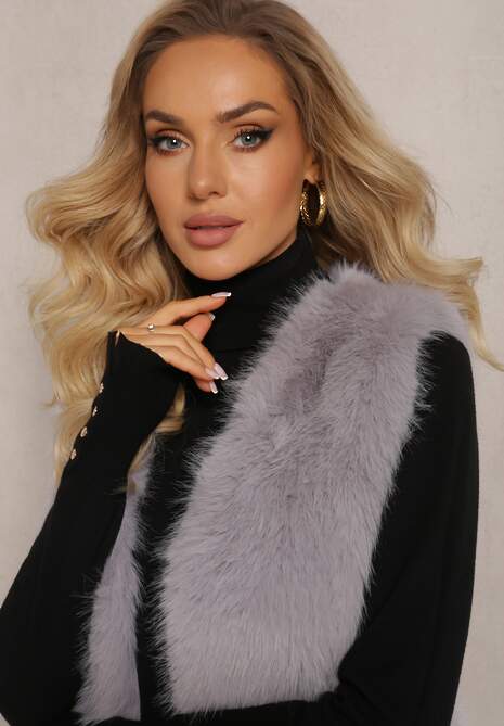 Szara Puchata Kamizelka z Futerka Ozdobiona Imitacją Skóry Tekllesa