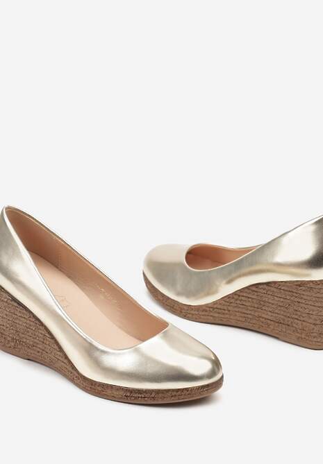 Złote Czółenka Vices ze Skórzaną Wkładką na Plecionym Koturnie Serapne