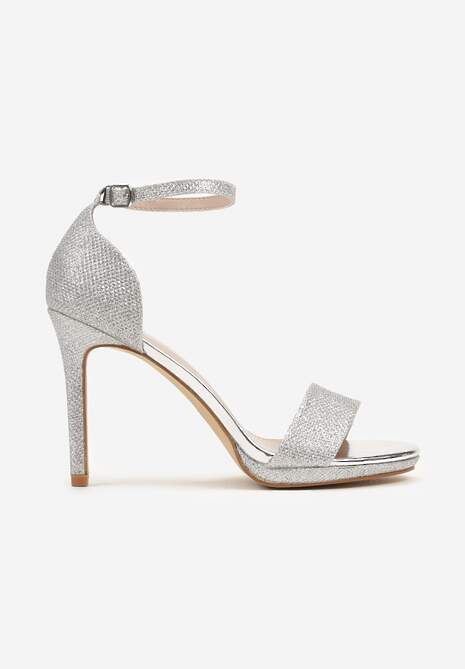 Srebrne Brokatowe Sandały na Szpilce Zapinane Wokół Kostki Mlinaya