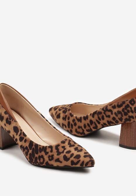 Brązowe Czółenka na Słupku w Klasycznym Stylu Ozdobione Wzorem w Panterkę Zeianae