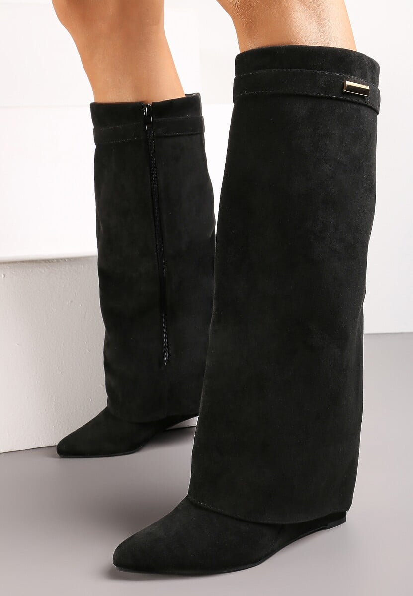 Czarne Kozaki z Wywiniętą Cholewką na Koturnie Turade