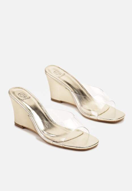 Złote Klapki na Koturnie z Transparentną Cholewką Arozia