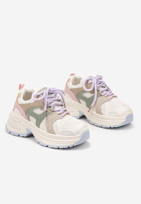 Jasnobeżowe Sneakersy na Platformie z Tłoczeniem i Geometrycznym Wzorem Melvila